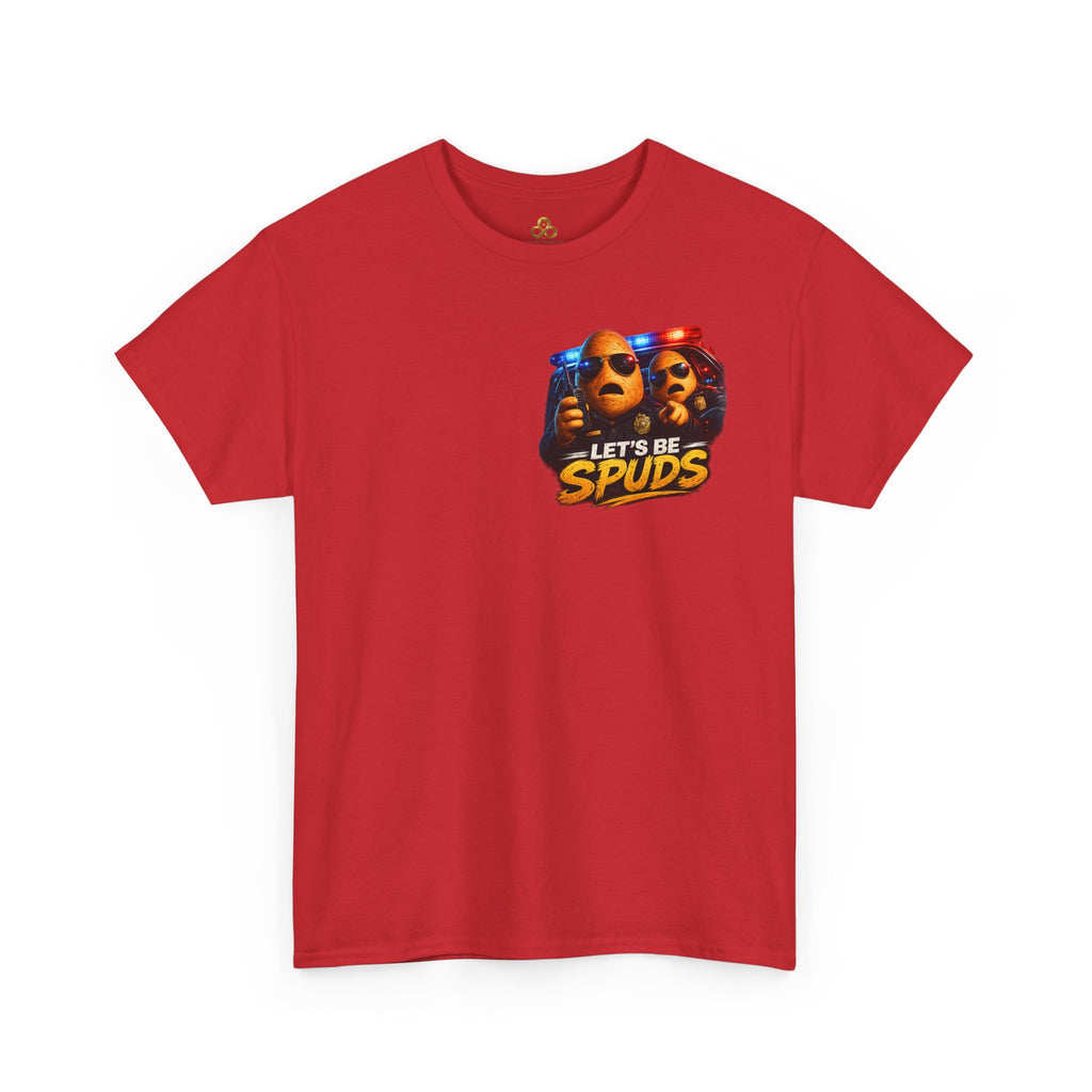 Let's Be Spuds T‑Shirt — Funny Potato Duo Graphic Tee (Police Lights)