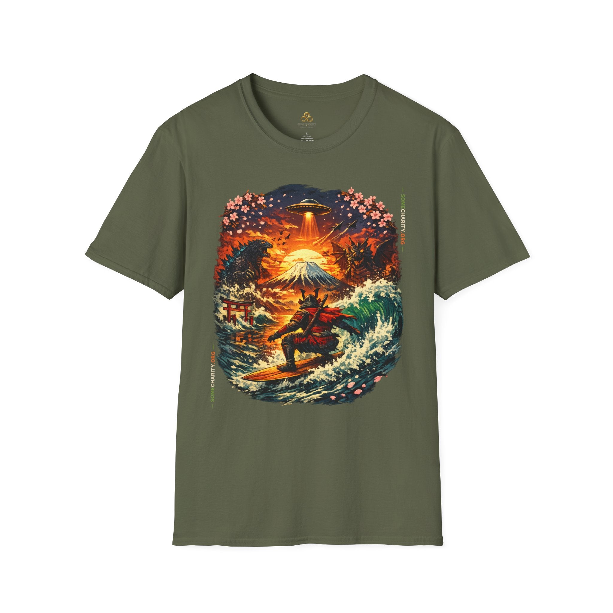 Alien Surfing Japan T-Shirt — UFO, Mt. Fuji & Cherry Blossom Graphic Tee
