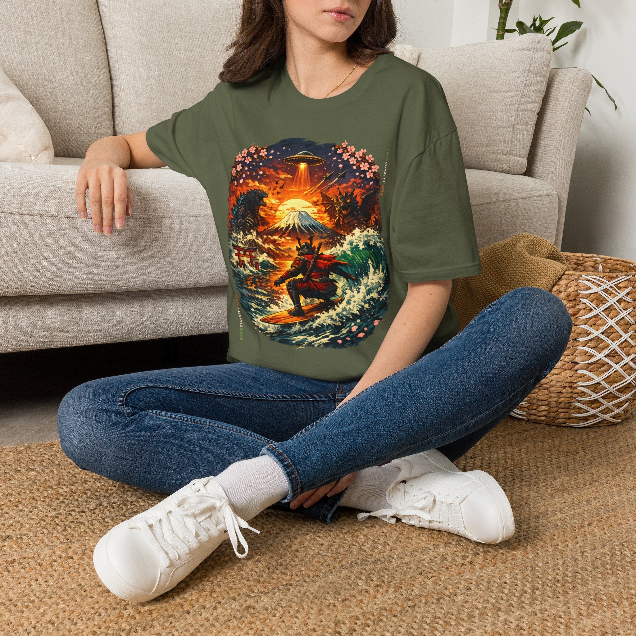 Alien Surfing Japan T-Shirt — UFO, Mt. Fuji & Cherry Blossom Graphic Tee