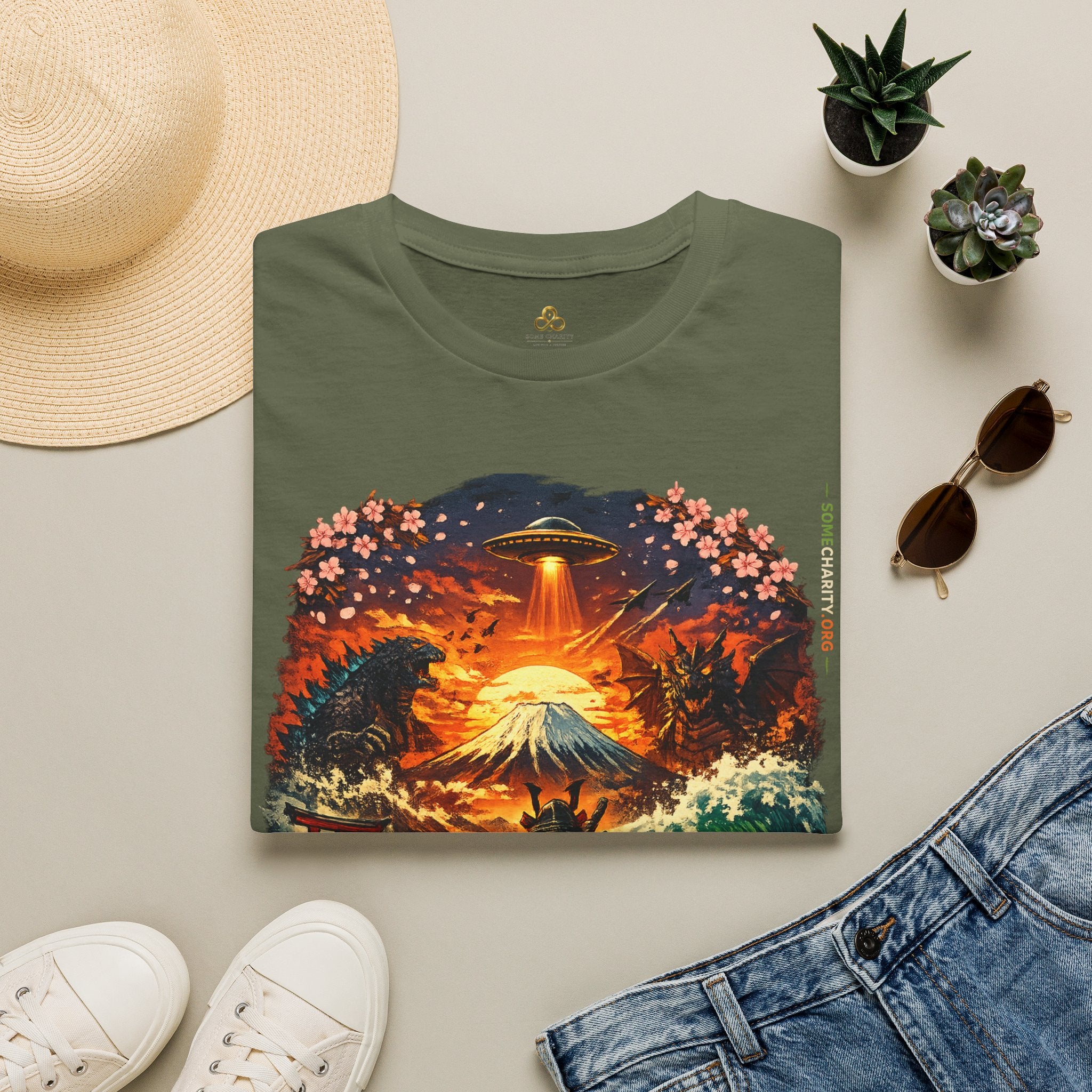 Alien Surfing Japan T-Shirt — UFO, Mt. Fuji & Cherry Blossom Graphic Tee