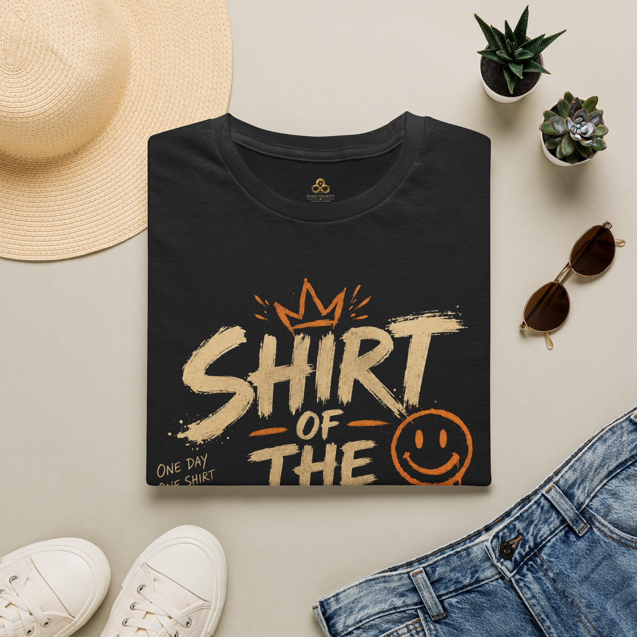 Shirt of the Day Graphic Tee — Retro Brushstroke Smile Design