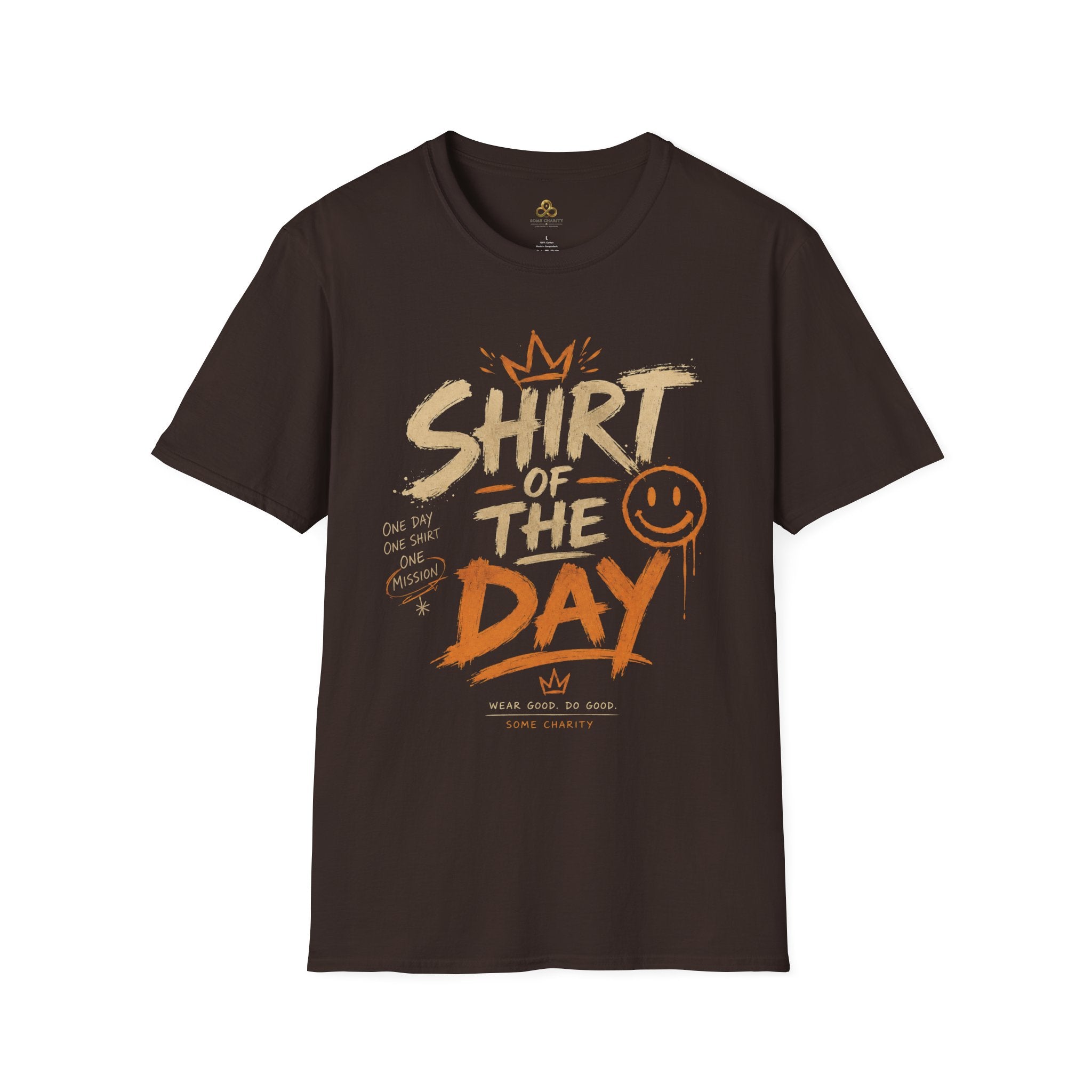 Shirt of the Day Graphic Tee — Retro Brushstroke Smile Design