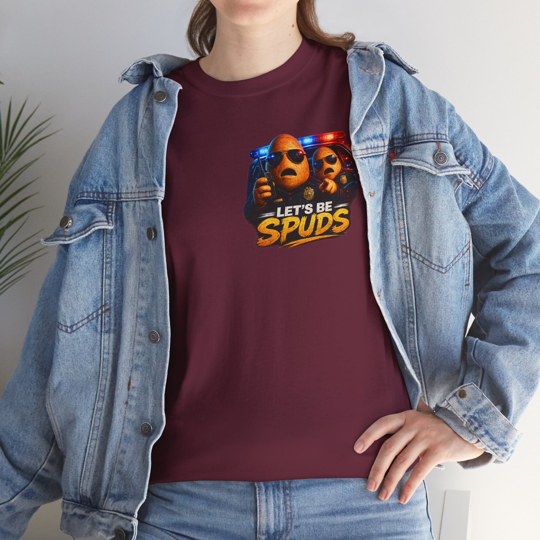 Let's Be Spuds T‑Shirt — Funny Potato Duo Graphic Tee (Police Lights)