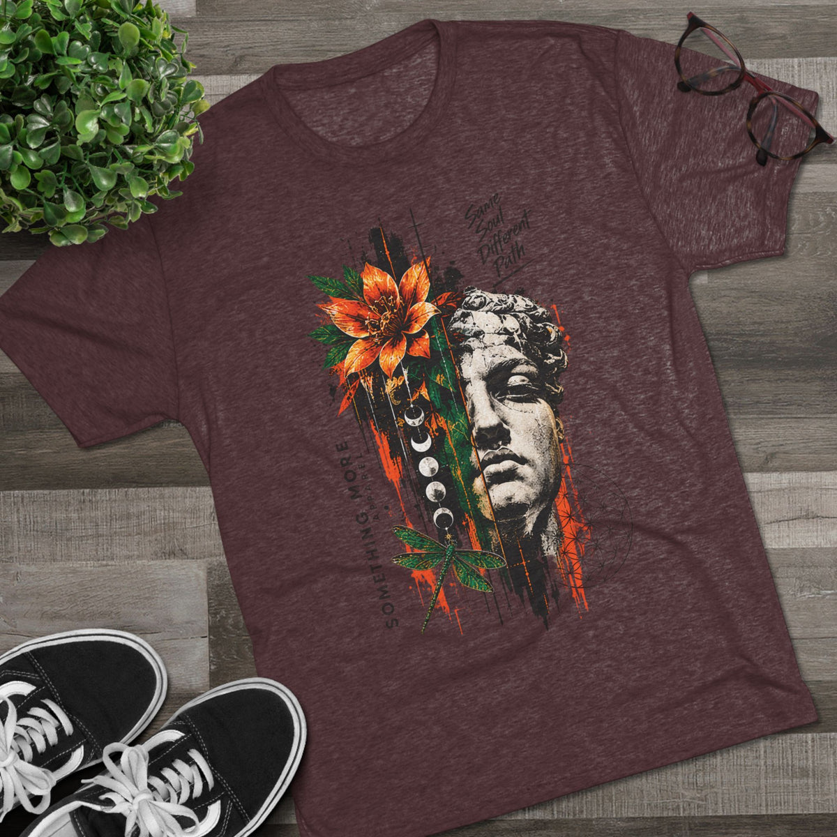 Artistic Statue & Nature Graphic Tee — "Something More" Crew Shirt
