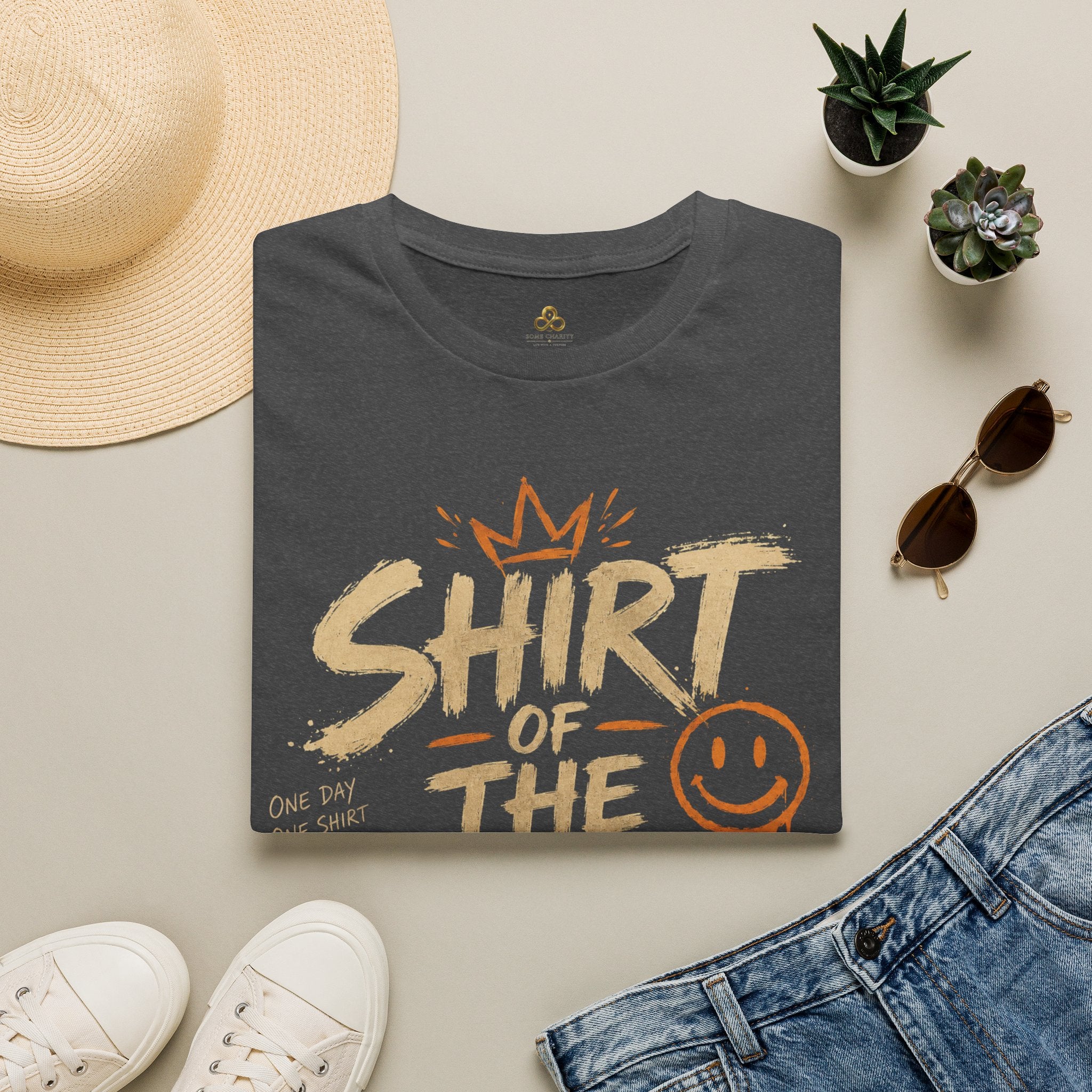 Shirt of the Day Graphic Tee — Retro Brushstroke Smile Design