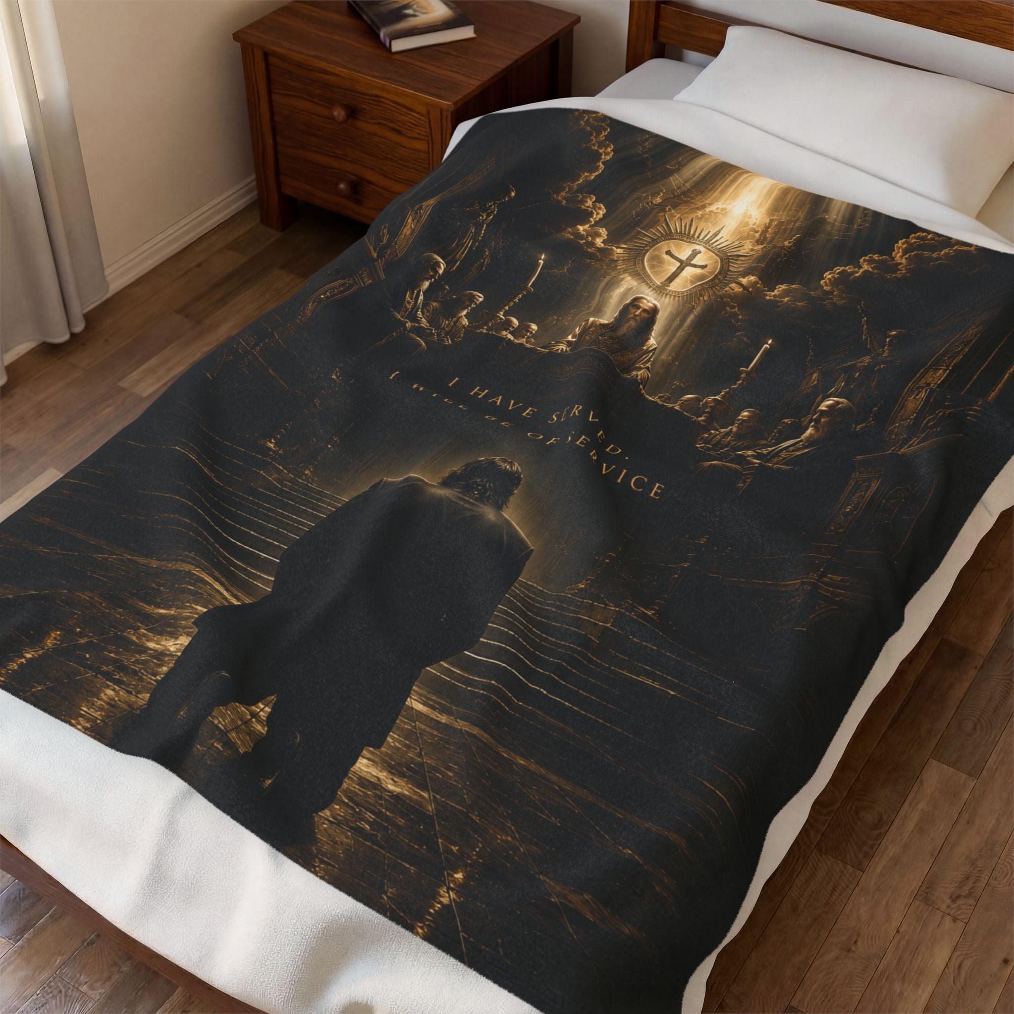 Religious Velveteen Plush Blanket — 'A Brave Heart' Prayer Scene with Cross