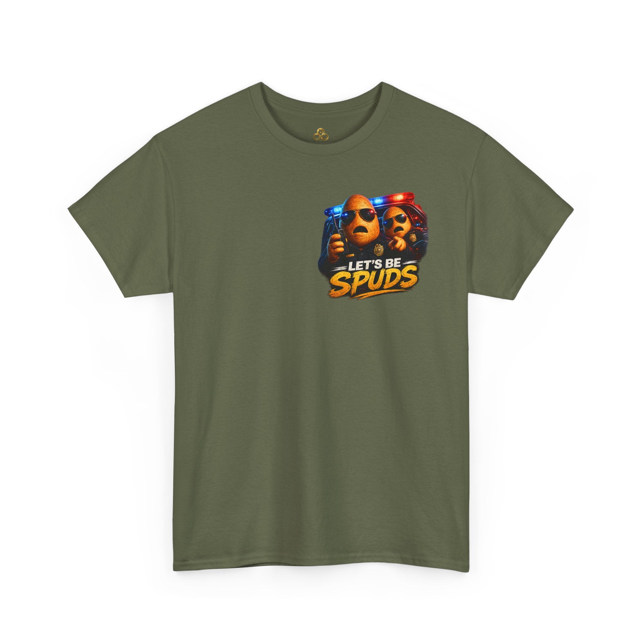 Let's Be Spuds T‑Shirt — Funny Potato Duo Graphic Tee (Police Lights)