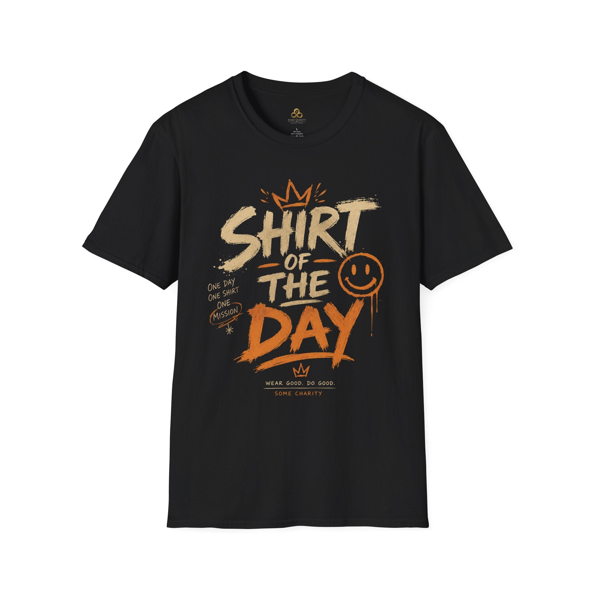 Shirt of the Day Graphic Tee — Retro Brushstroke Smile Design