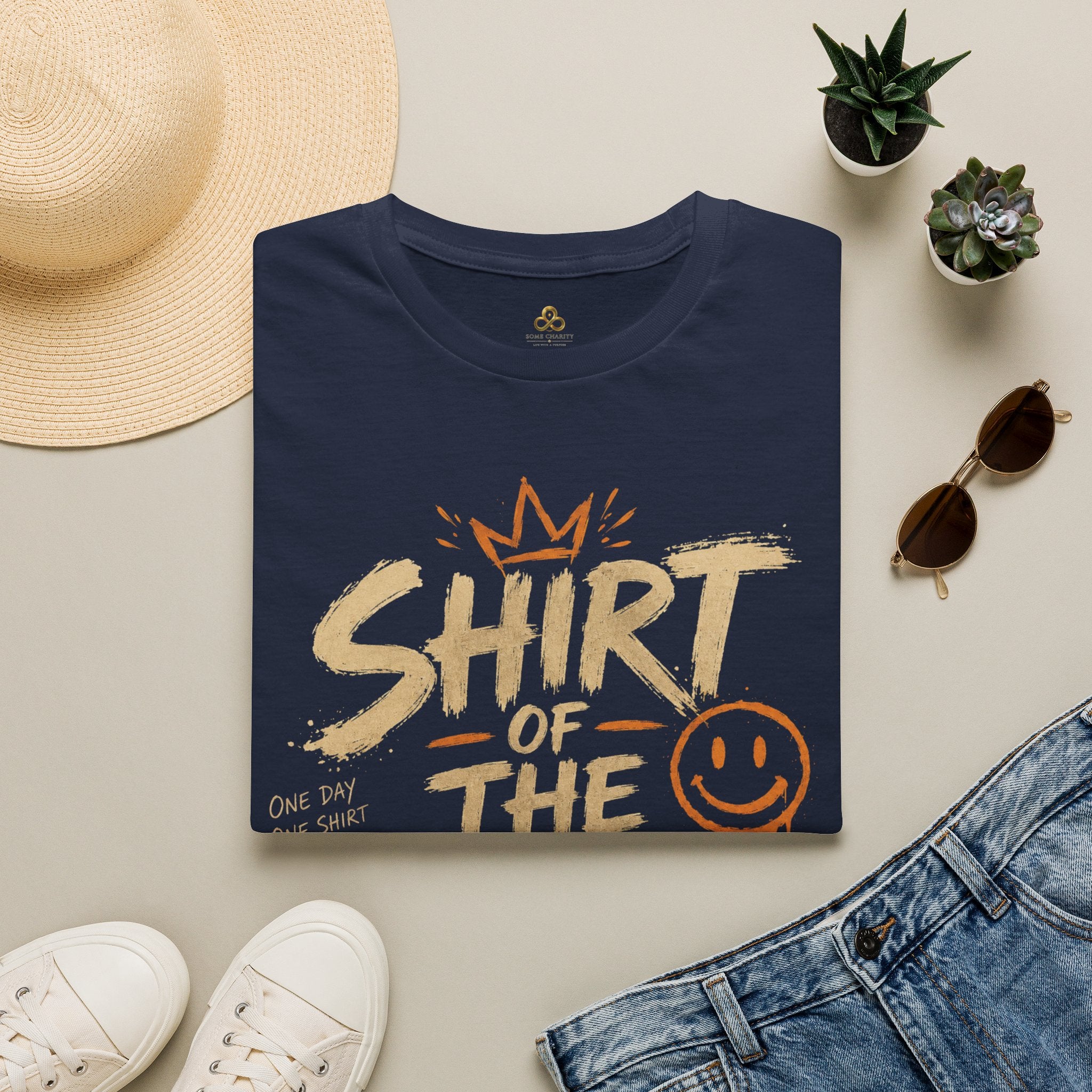 Shirt of the Day Graphic Tee — Retro Brushstroke Smile Design