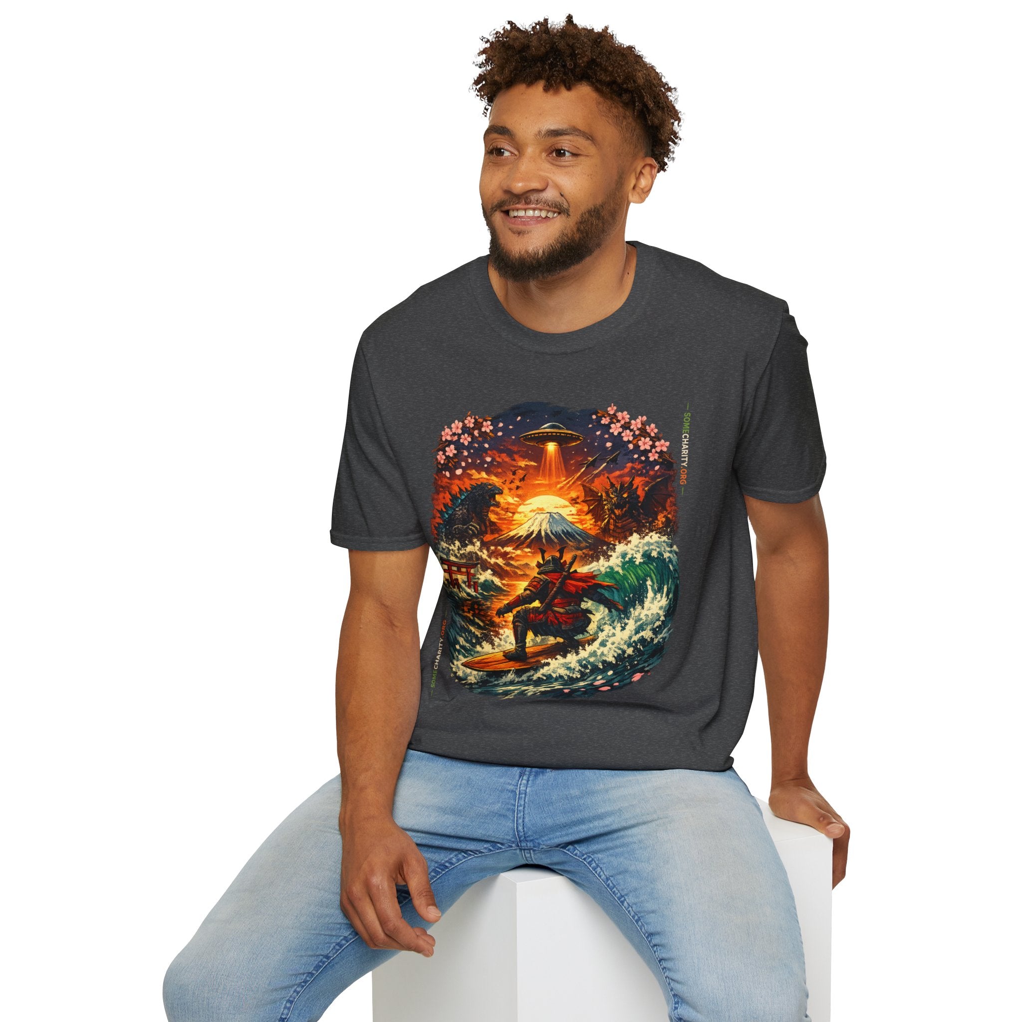Alien Surfing Japan T-Shirt — UFO, Mt. Fuji & Cherry Blossom Graphic Tee