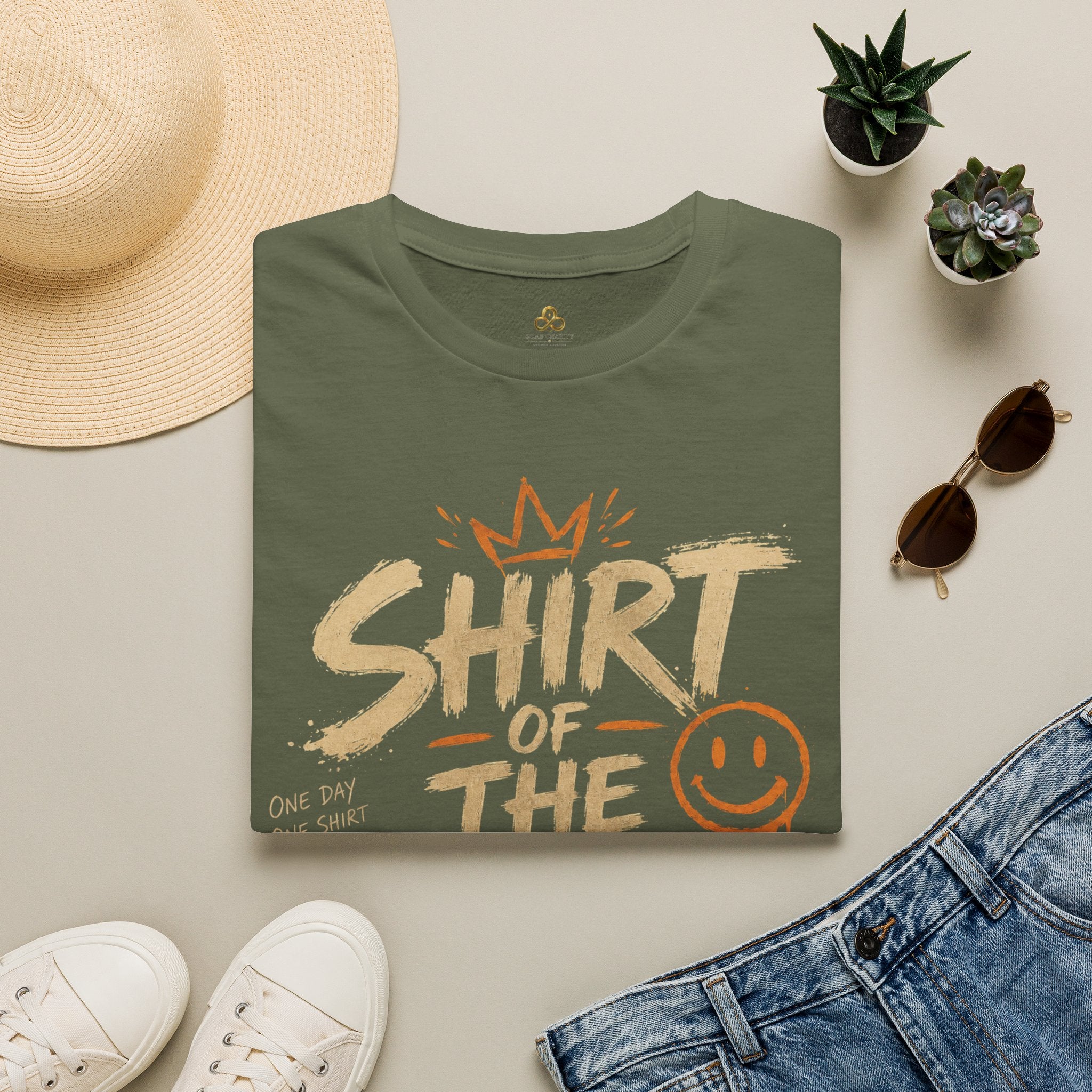 Shirt of the Day Graphic Tee — Retro Brushstroke Smile Design