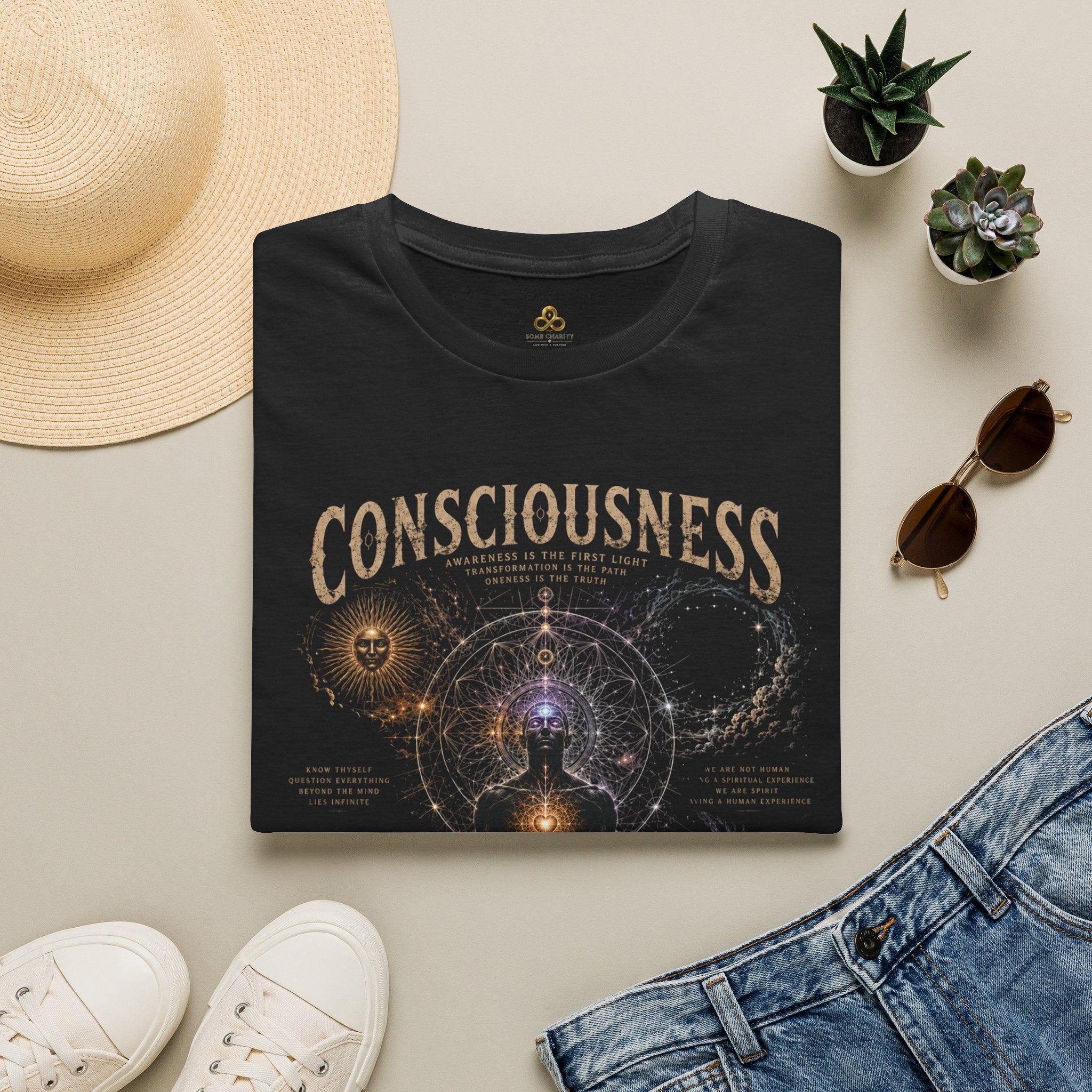 Consciousness Graphic Tee — Spiritual Geometry Meditation Shirt