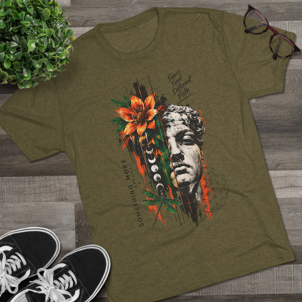 Artistic Statue & Nature Graphic Tee — "Something More" Crew Shirt