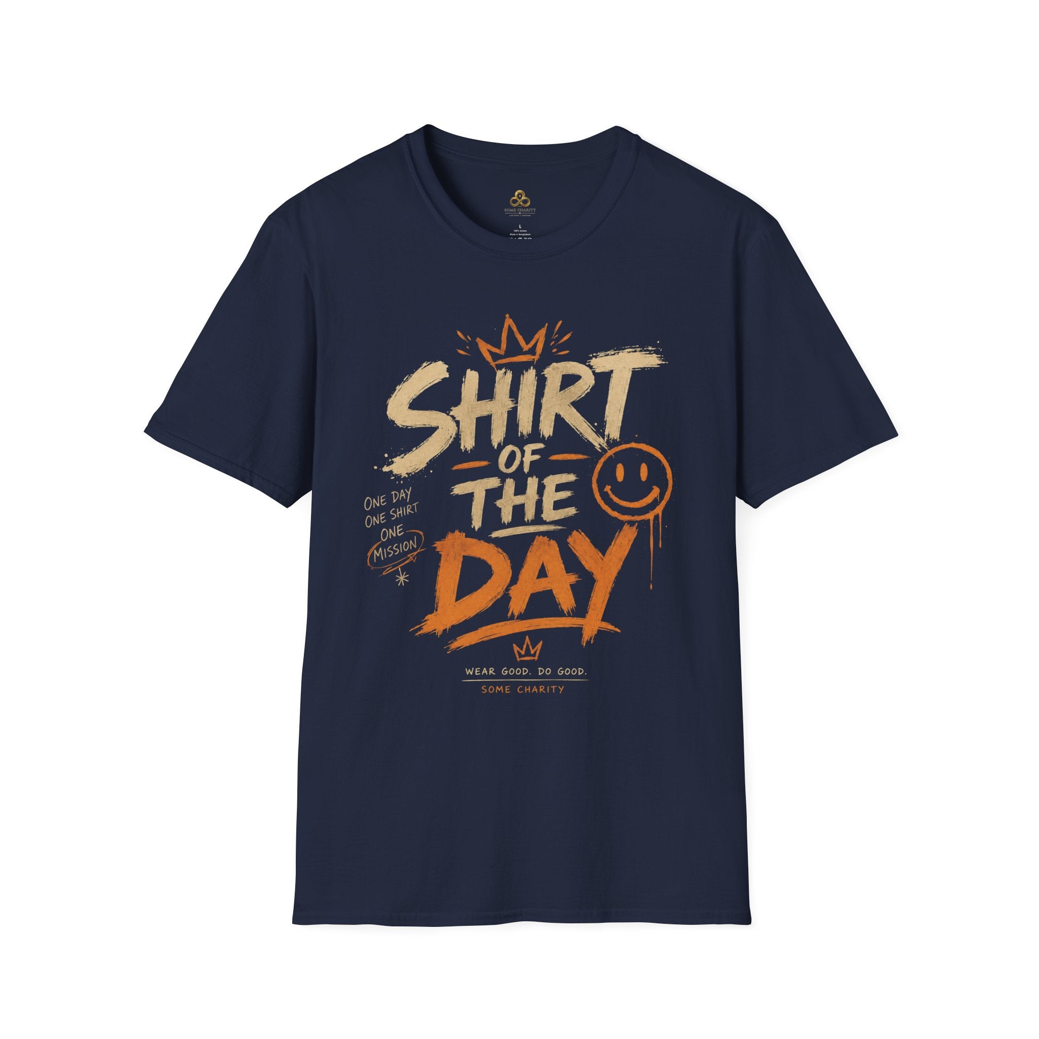 Shirt of the Day Graphic Tee — Retro Brushstroke Smile Design