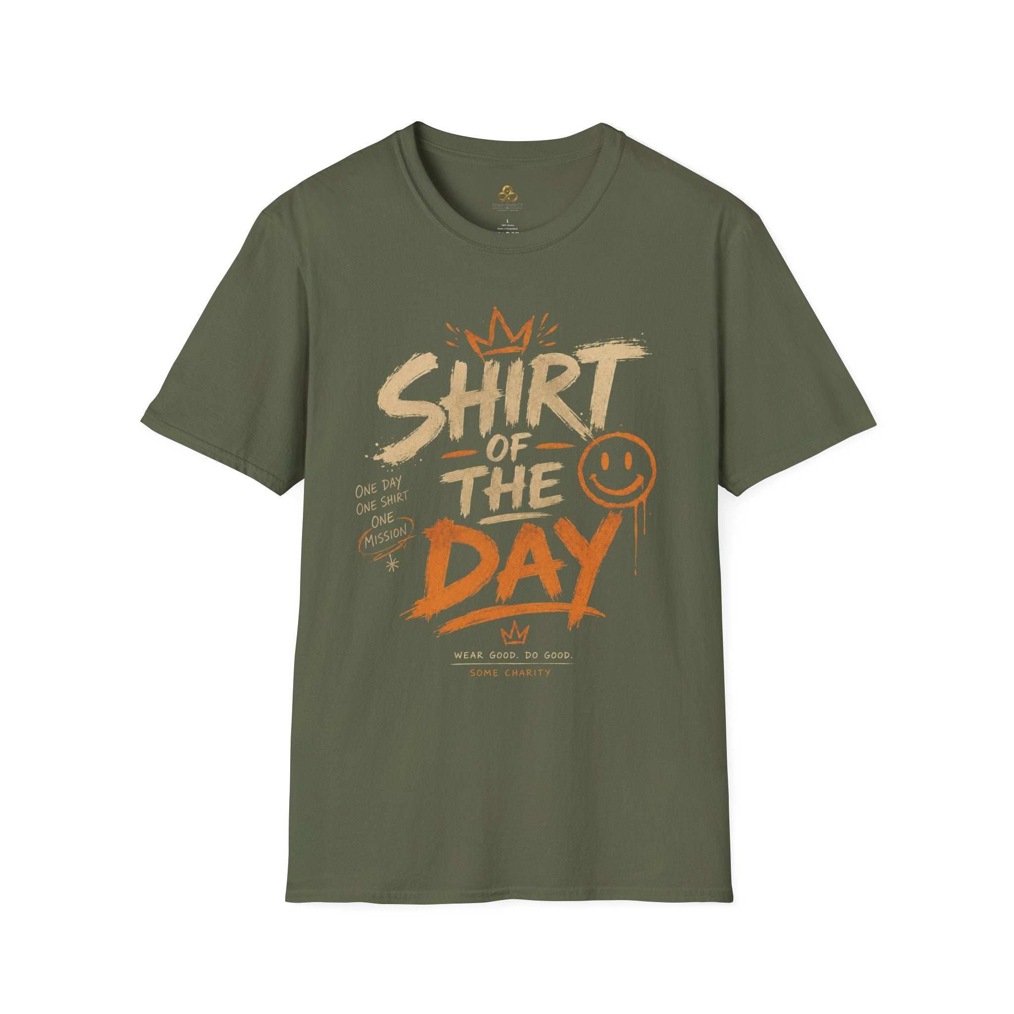 Shirt of the Day Graphic Tee — Retro Brushstroke Smile Design