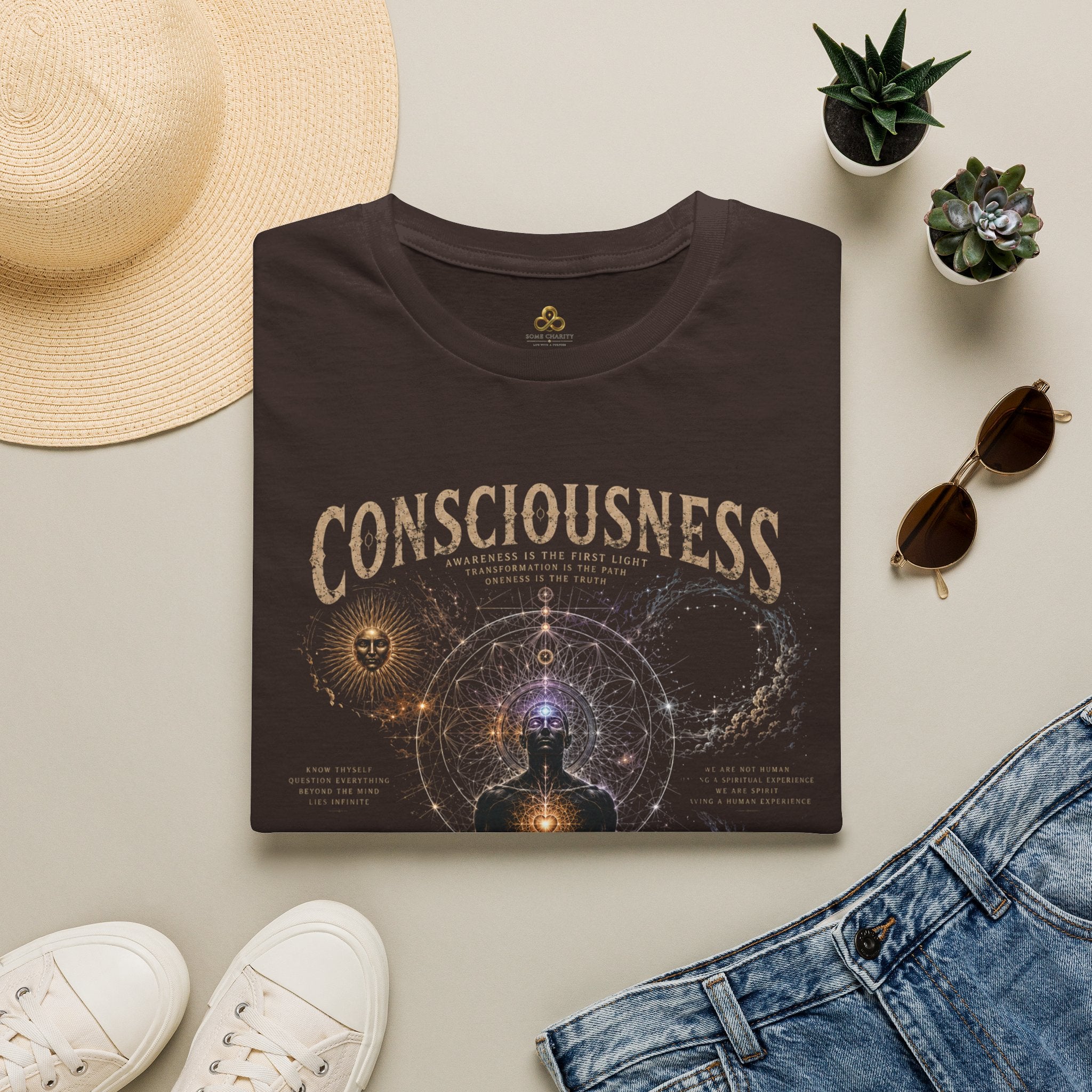 Consciousness Graphic Tee — Spiritual Geometry Meditation Shirt