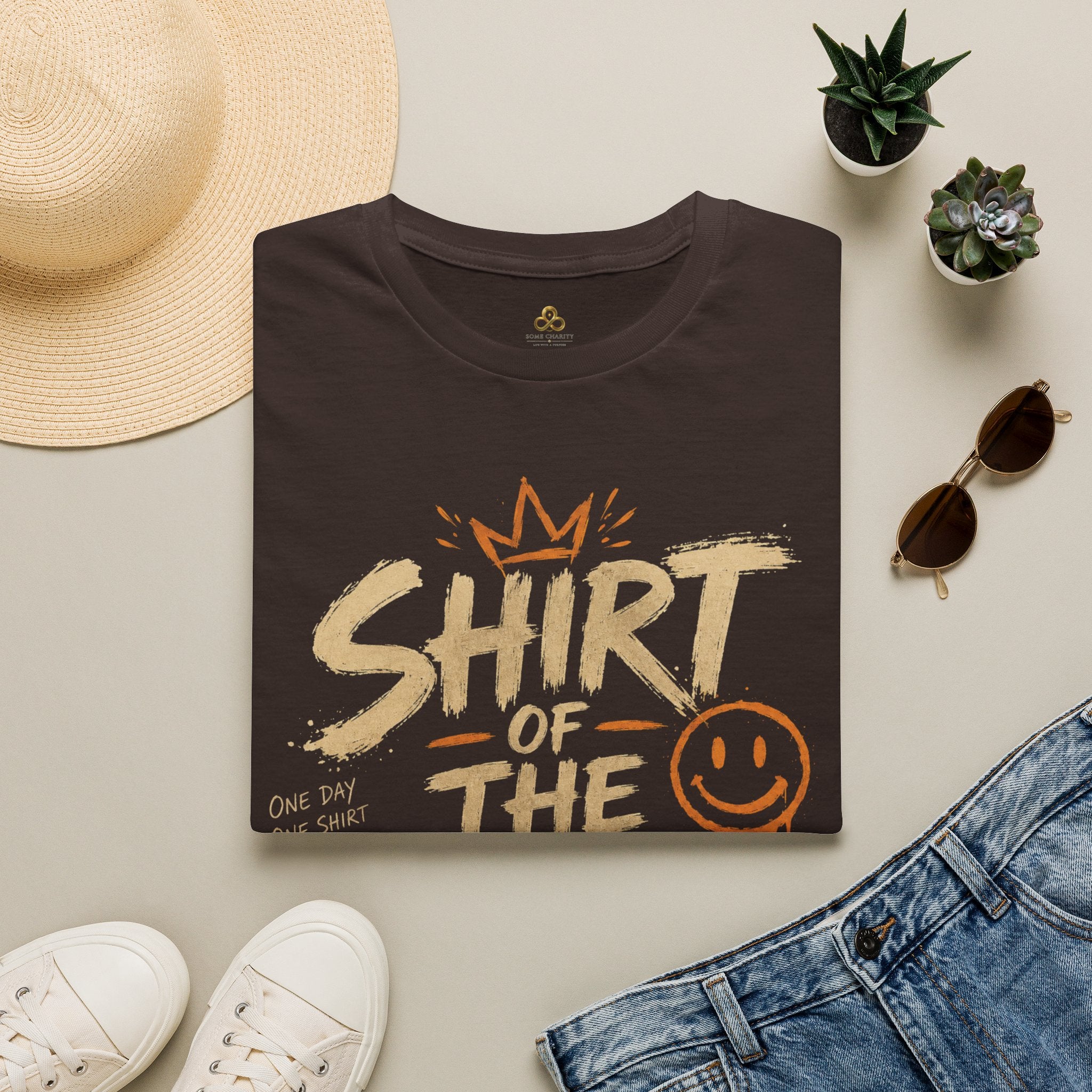 Shirt of the Day Graphic Tee — Retro Brushstroke Smile Design