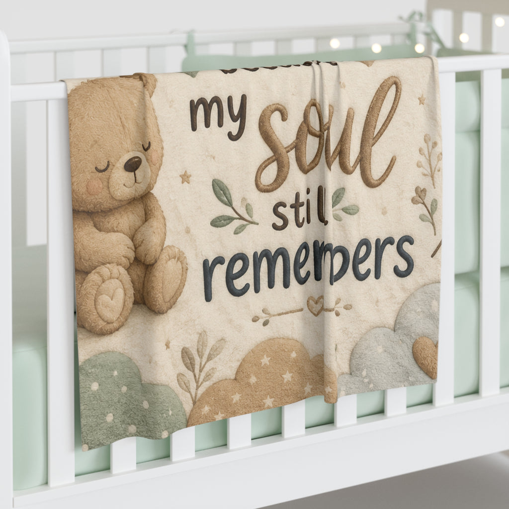 Baby Swaddle Blanket — "I Can't Talk Because My Soul Still Remembers" Cute Teddy Moon Keepsake Swaddle