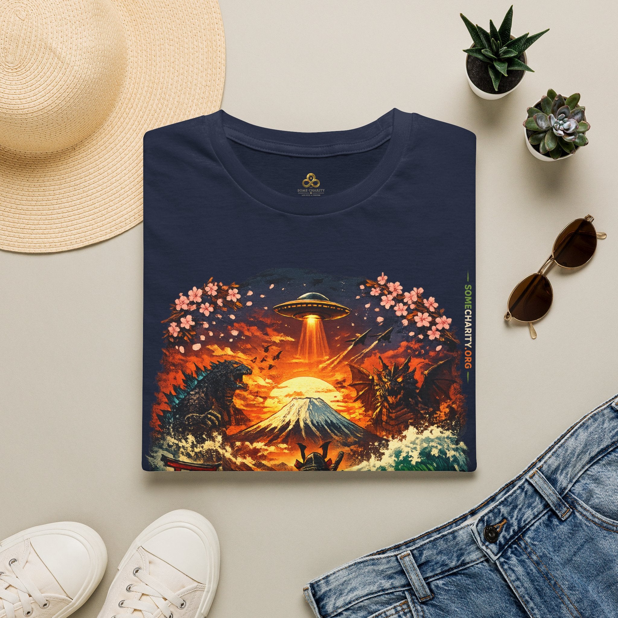 Alien Surfing Japan T-Shirt — UFO, Mt. Fuji & Cherry Blossom Graphic Tee