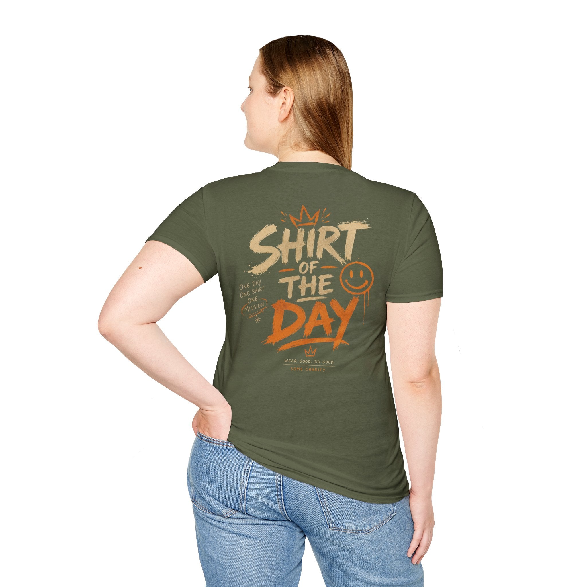 Shirt of the Day Graphic Tee — Retro Brushstroke Smile Design