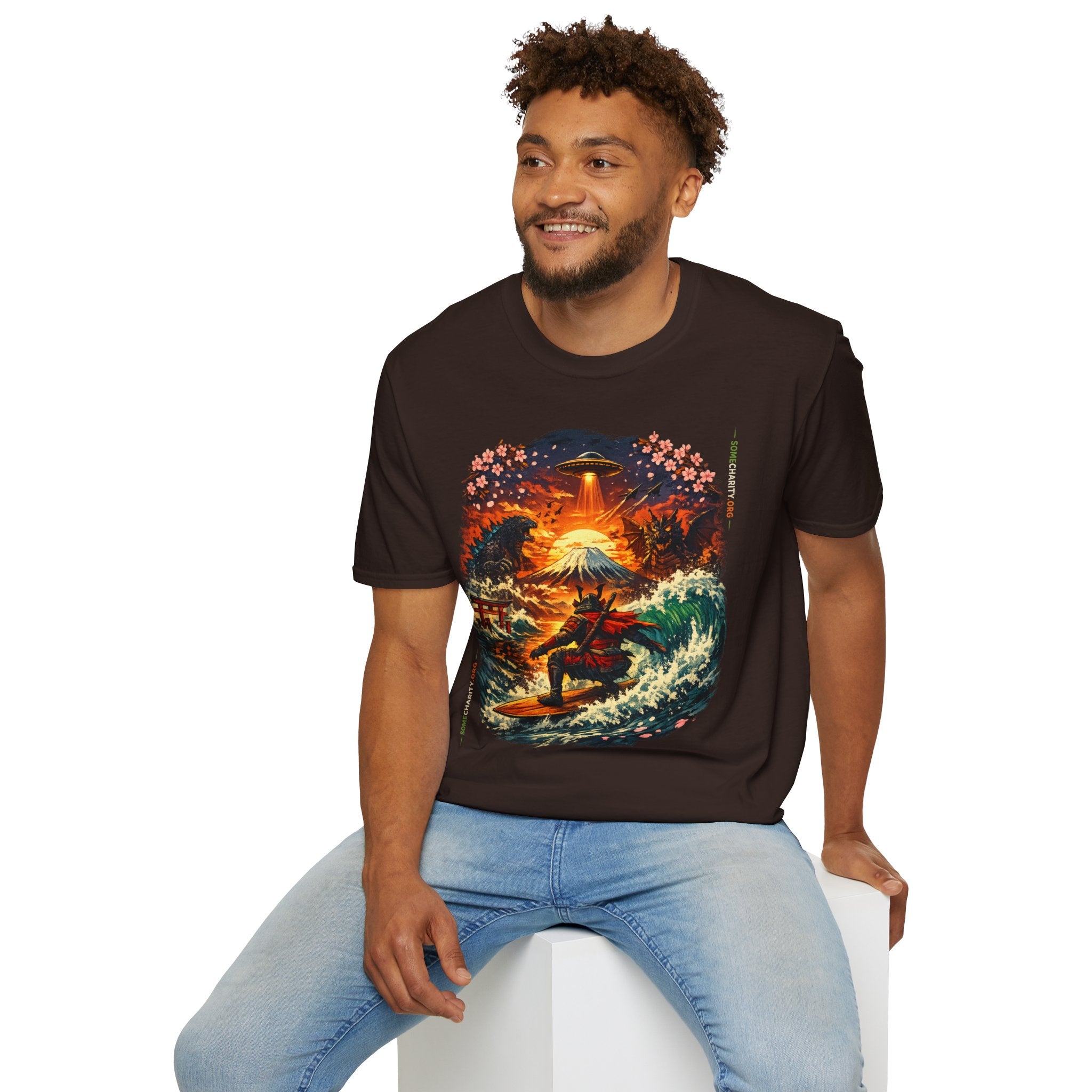 Alien Surfing Japan T-Shirt — UFO, Mt. Fuji & Cherry Blossom Graphic Tee