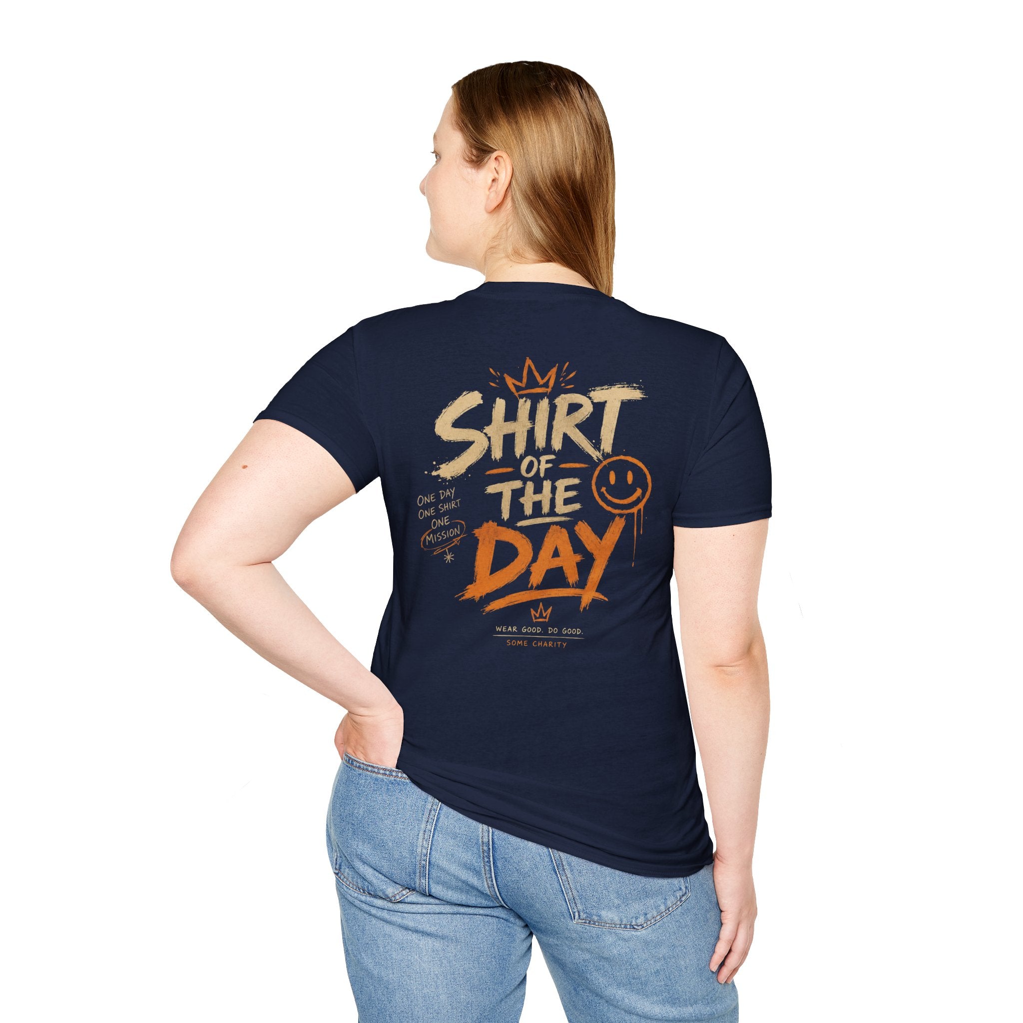 Shirt of the Day Graphic Tee — Retro Brushstroke Smile Design