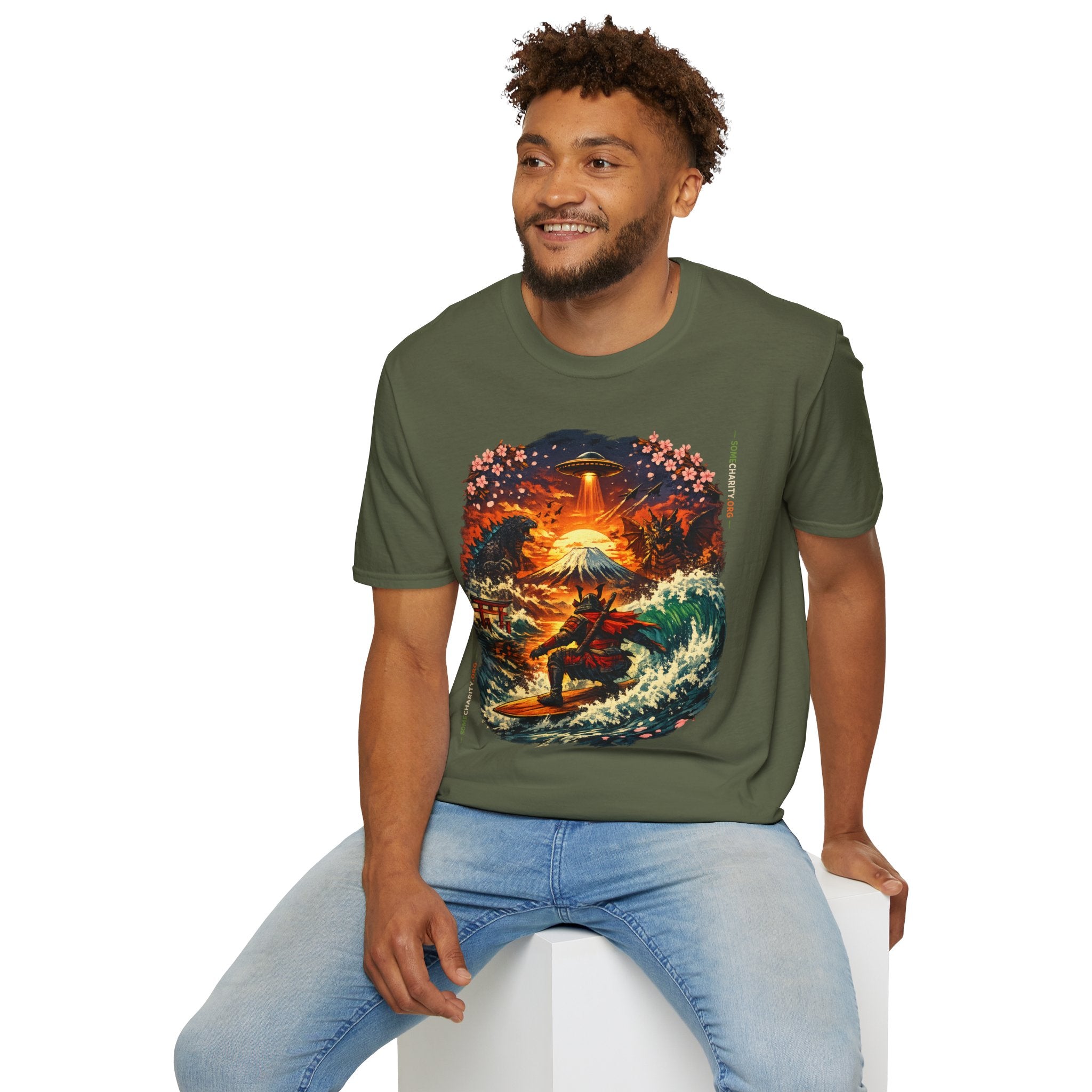 Alien Surfing Japan T-Shirt — UFO, Mt. Fuji & Cherry Blossom Graphic Tee