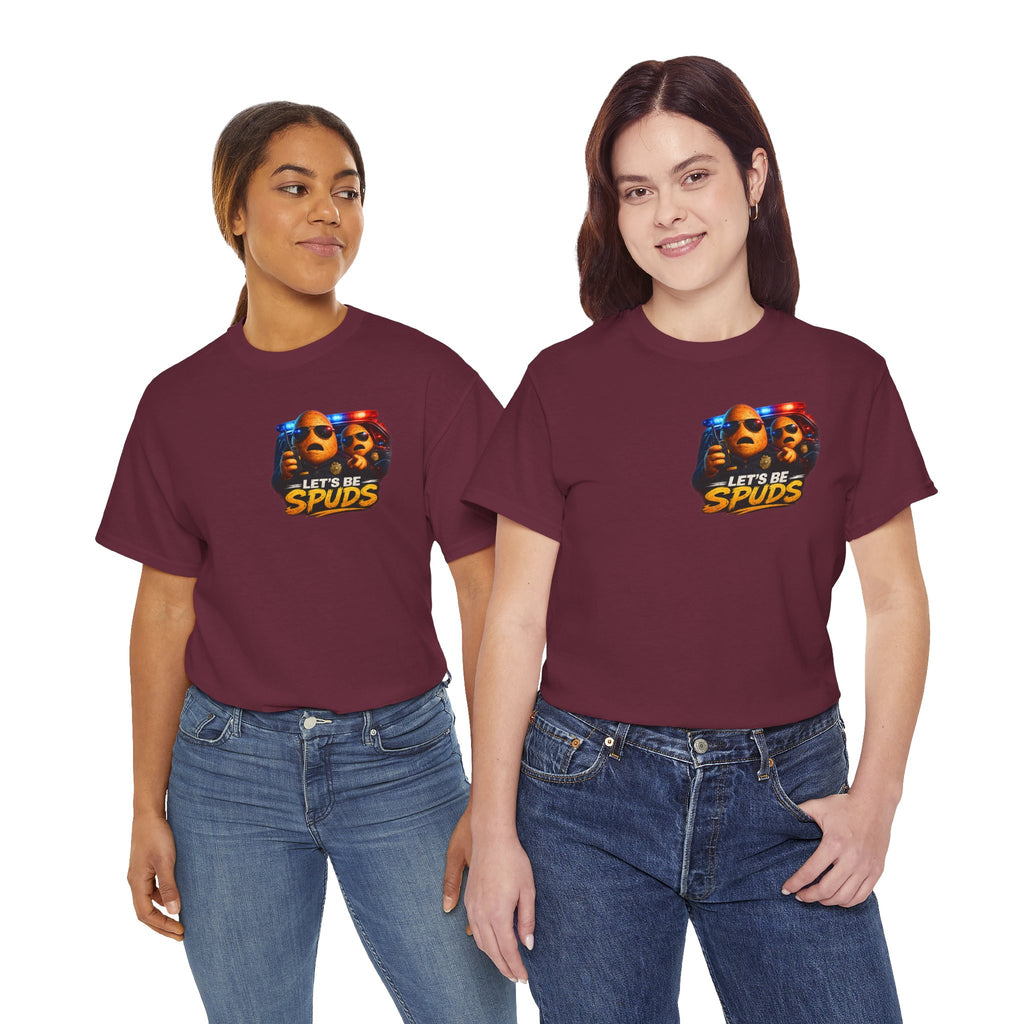 Let's Be Spuds T‑Shirt — Funny Potato Duo Graphic Tee (Police Lights)