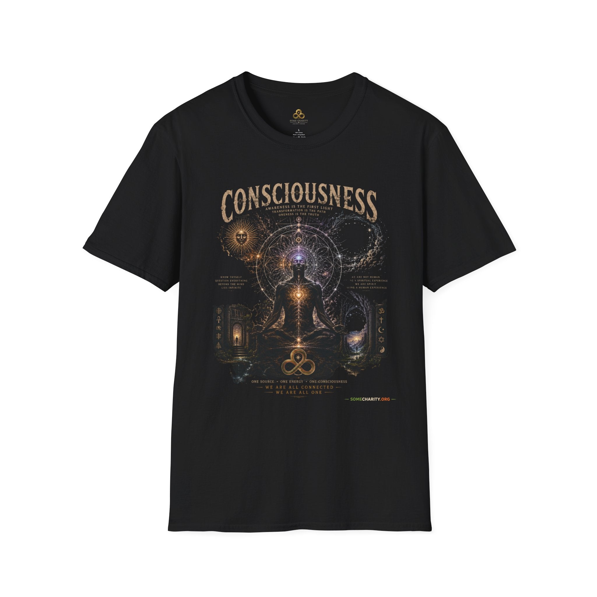 Consciousness Graphic Tee — Spiritual Geometry Meditation Shirt