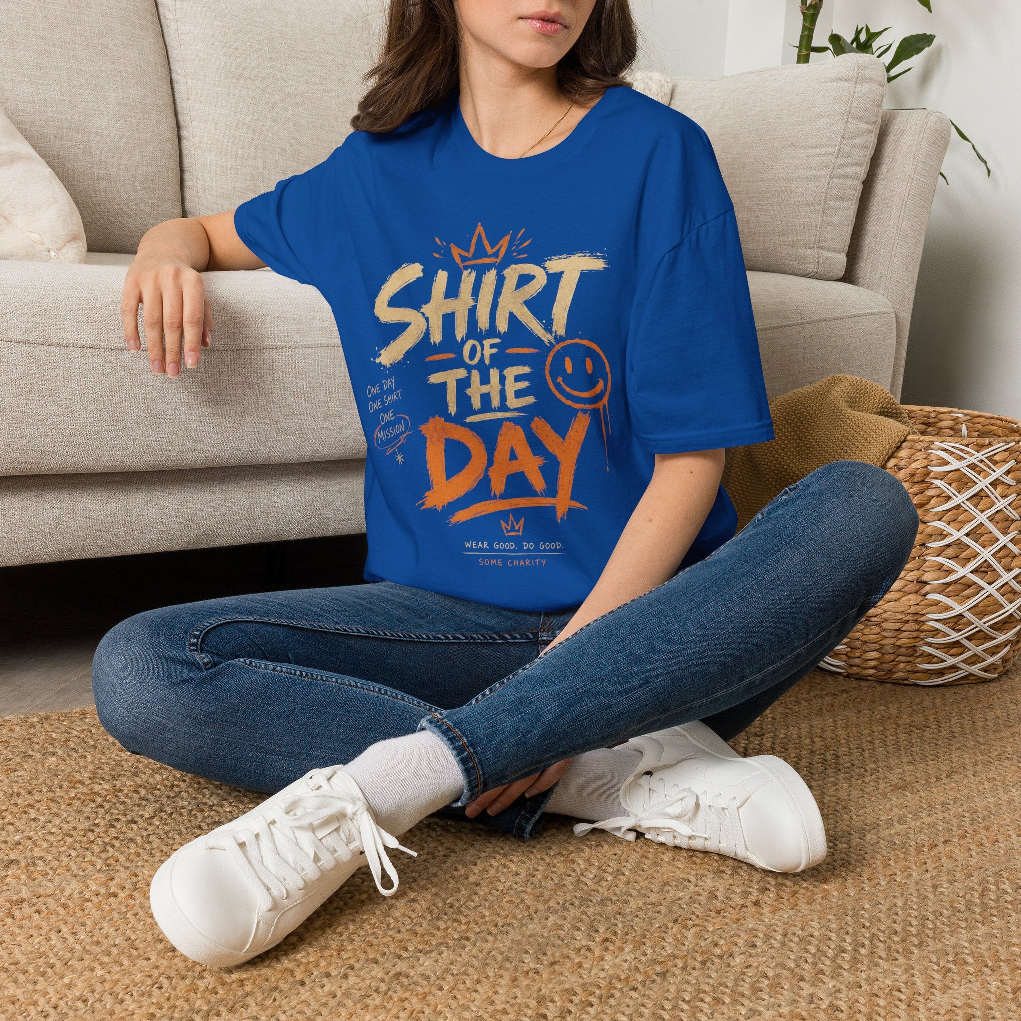 Shirt of the Day Graphic Tee — Retro Brushstroke Smile Design